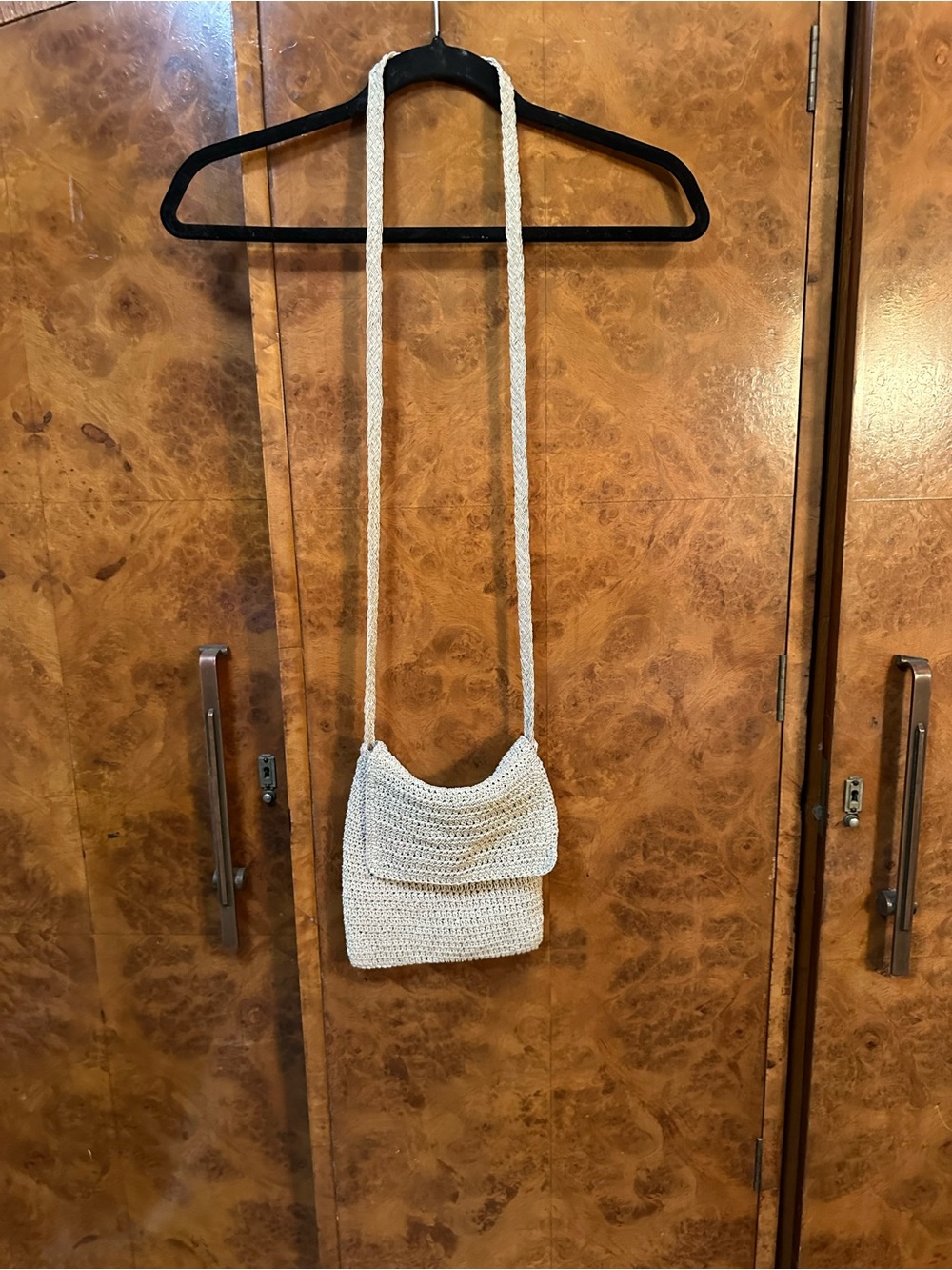 Vintage Cream Crochet Shoulder Bag with Long Strap